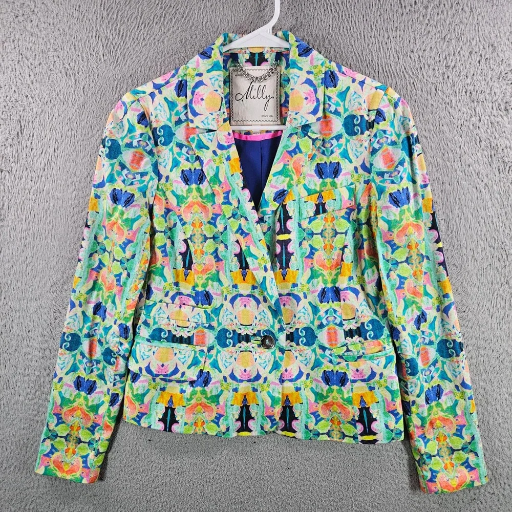 Milly of New York Womens Size 2 Kaleidoscope Print Blazer Multi Color Cotton USA